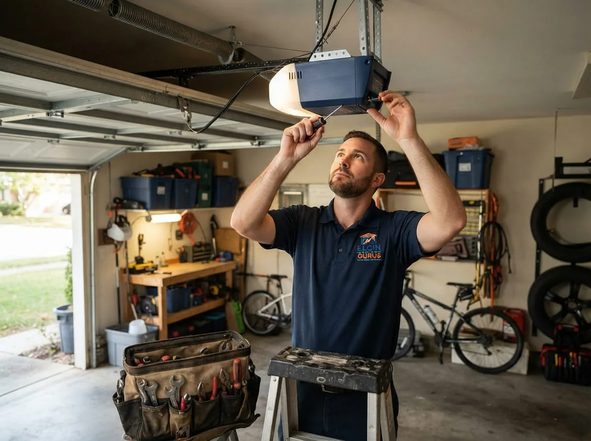 Homeowner checking the limit and force adjustment dials on a garage door opener motor unit