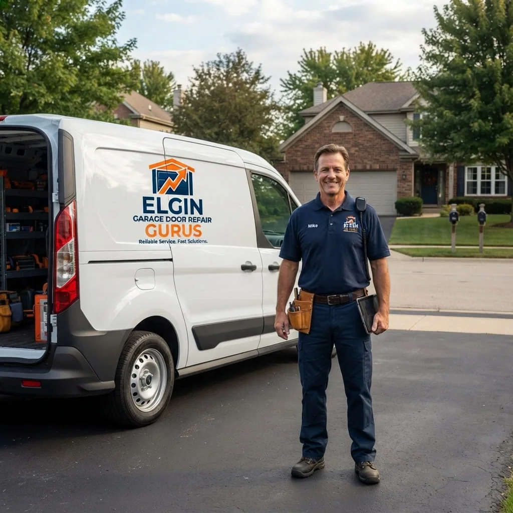 Garage Door Repair Bowes Creek Country Club Elgin IL Technician repairing a three-car garage door at a Bowes Creek Country Club home in Elgin, IL