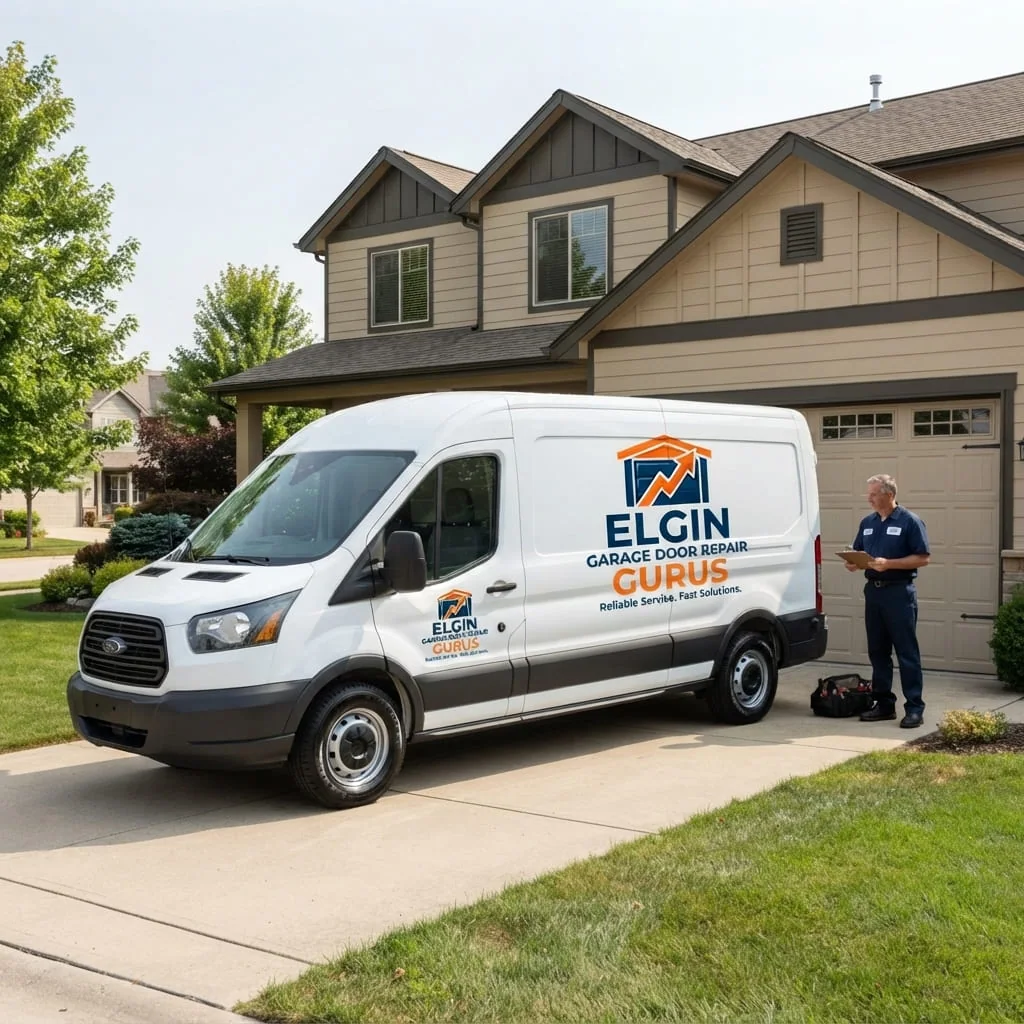 Garage Door Repair Highland Woods Elgin IL Technician repairing a two-car garage door on a home in Highland Woods, Elgin, IL