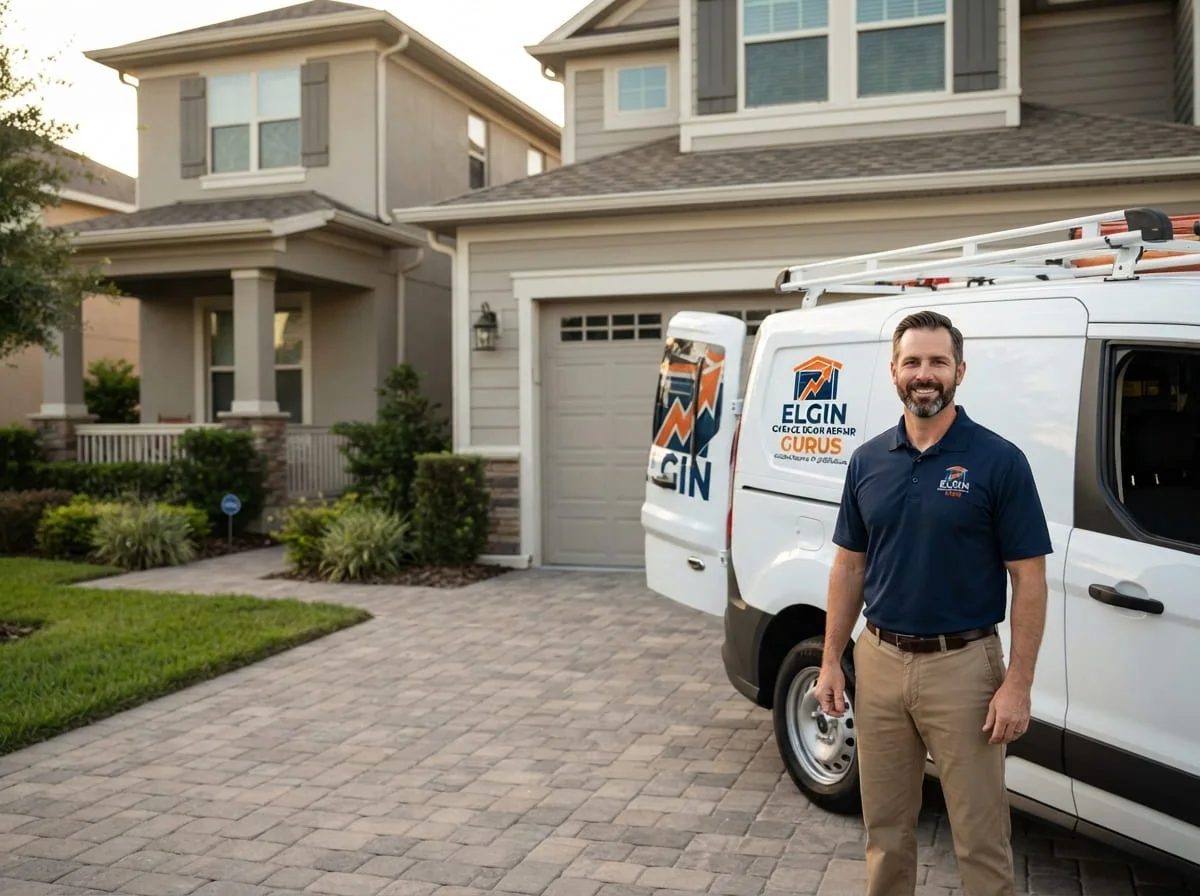 Garage Door Repair Service in South Elgin, IL Technician repairing a residential garage door in South Elgin, Illinois near the Fox River