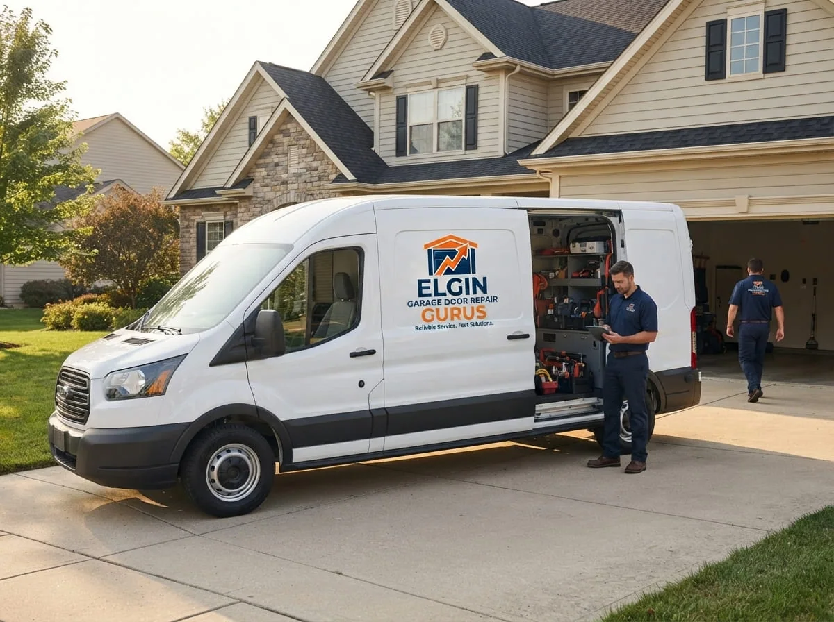 Garage door repair technician arriving at a home in Elgin, IL with a service van
