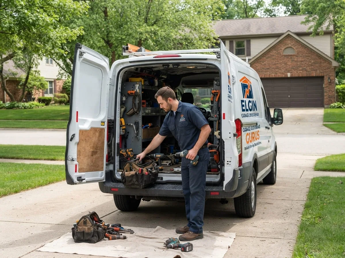 Technician checking track bracket hardware on a garage door for looseness