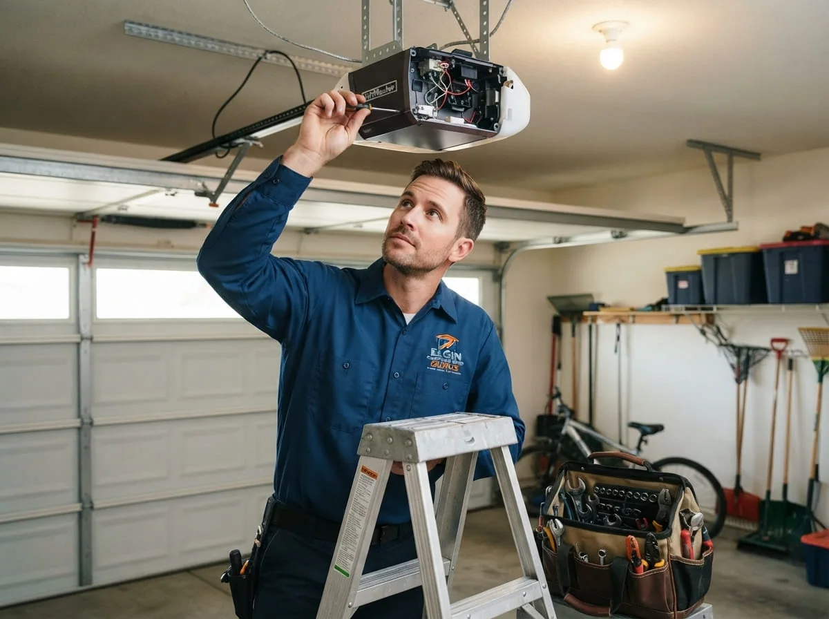Technician using winding bars to safely replace a garage door torsion spring